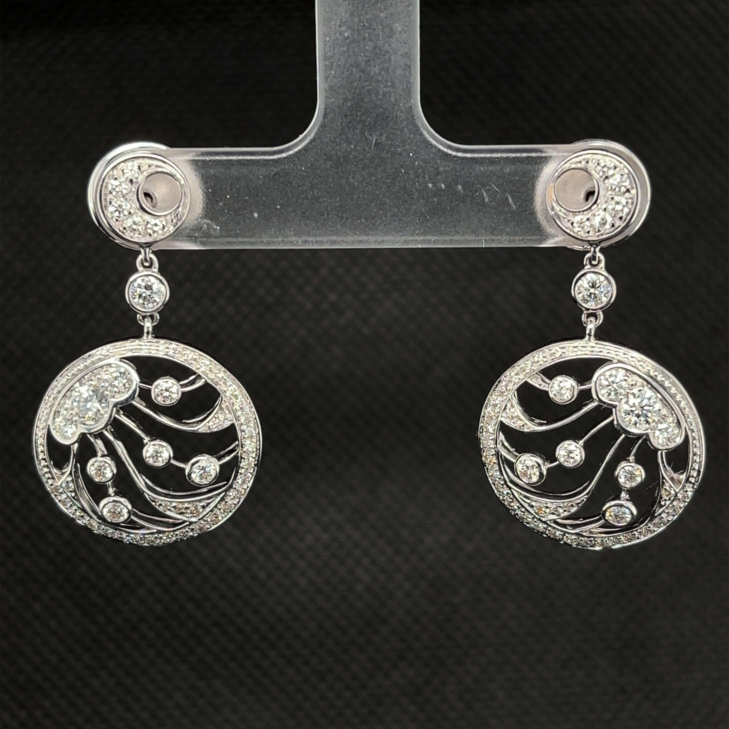 Round Cut Luca Carati Italian White Gold Drop Earrings with Diamonds, 1.24 Carat Total  For Sale