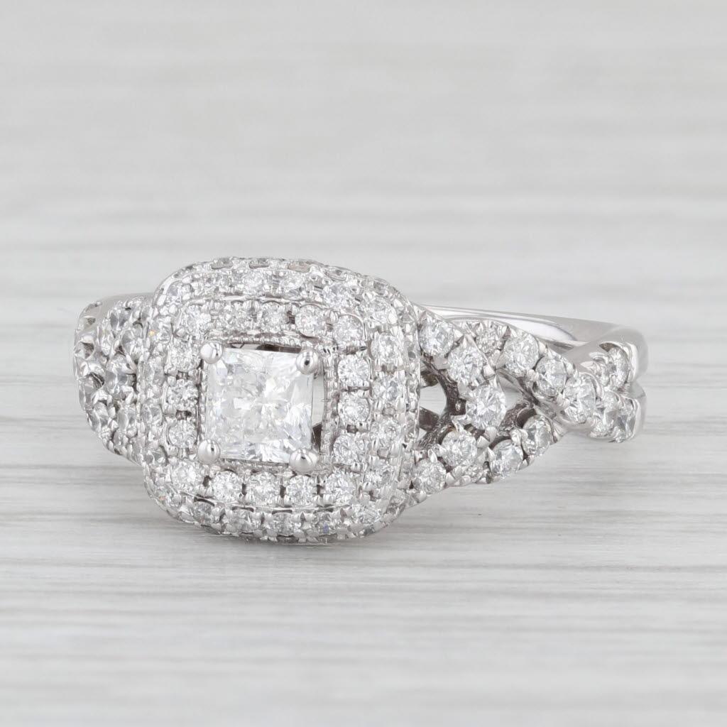 Square Cut 1.24 ctw Princess Diamond Double Halo Engagement Ring 14K White Gold Size 7 For Sale