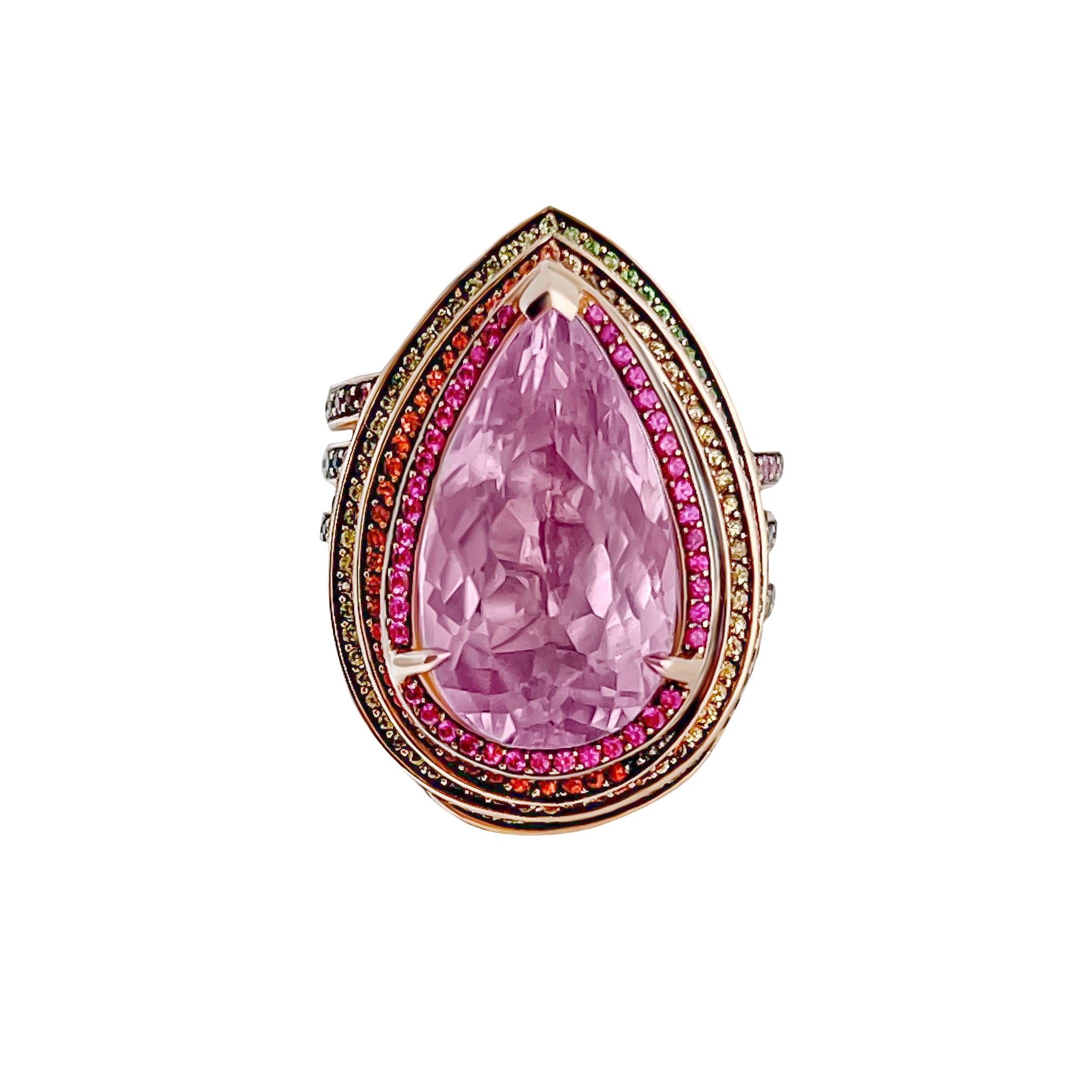 This unique 18k pink gold, kunzite and coloured stone ring is an essential part of a three piece set. Inspired by the rainbow, this ring was exquisitely crafted to create a spiraling movement of gold around the finger and up into the mounting of