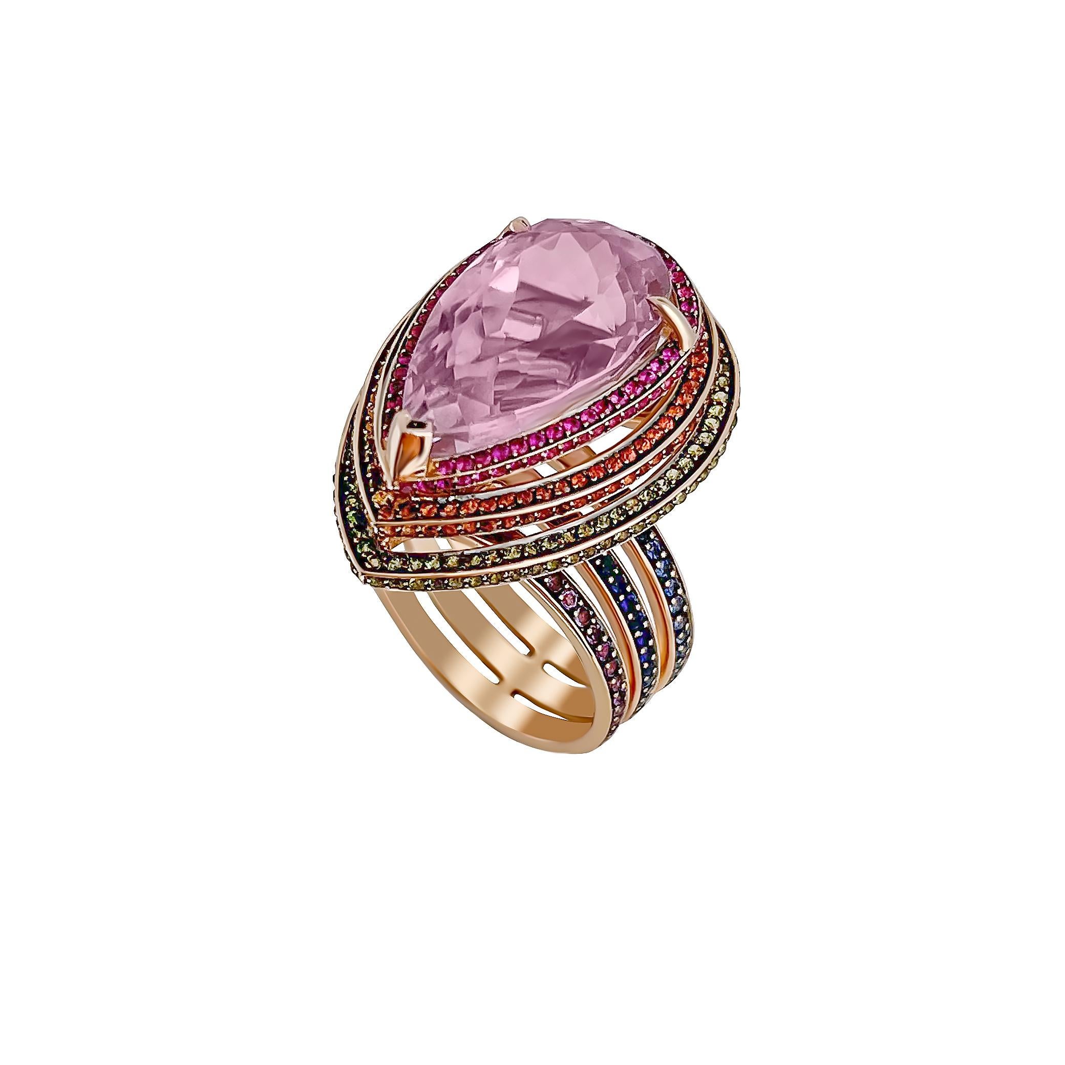Modern 12.40 Carat Kunzite Rainbow Spiral Ring with Sapphires, Tsavorite, Amethyst