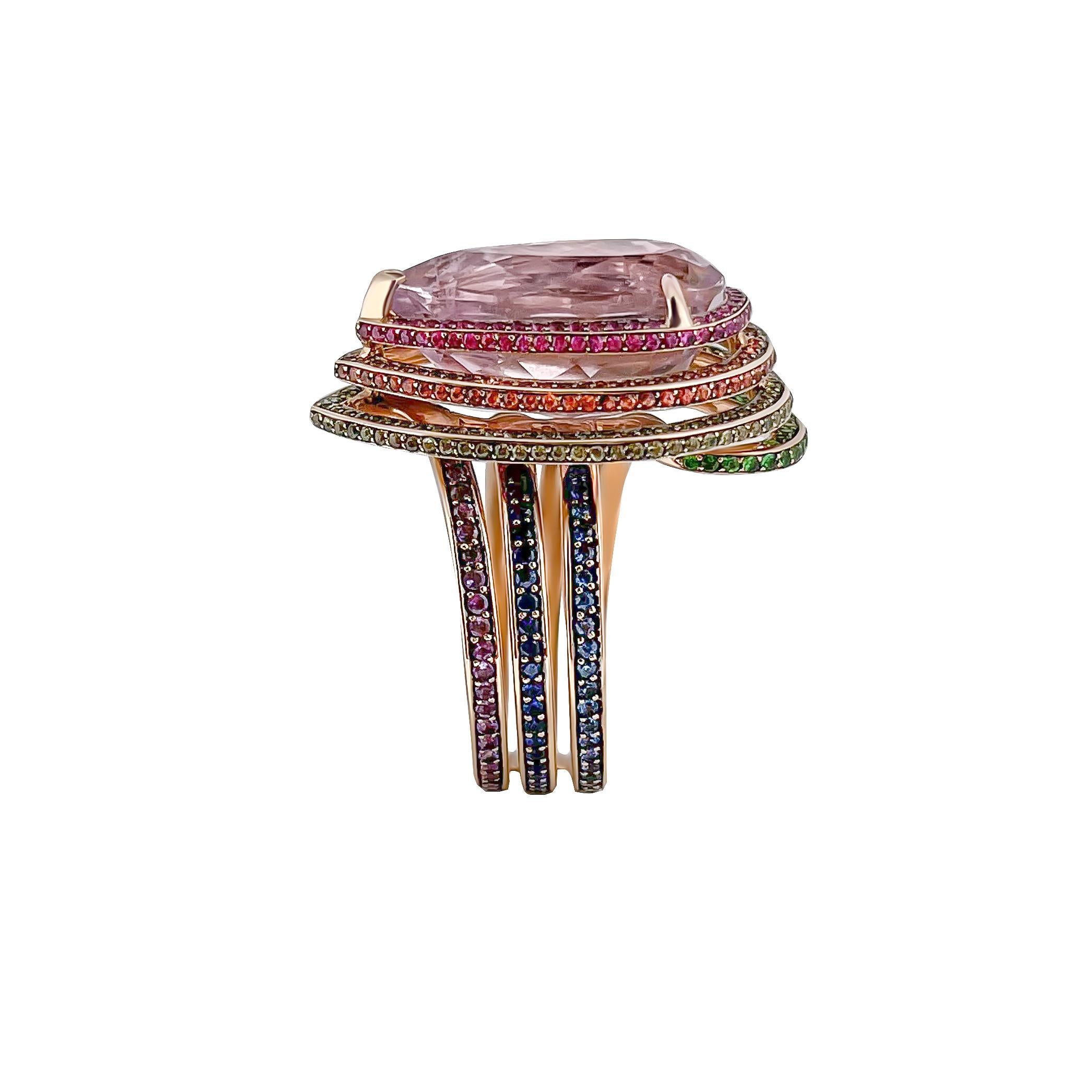 Pear Cut 12.40 Carat Kunzite Rainbow Spiral Ring with Sapphires, Tsavorite, Amethyst