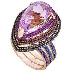 12.40 Carat Kunzite Rainbow Spiral Ring with Sapphires, Tsavorite, Amethyst