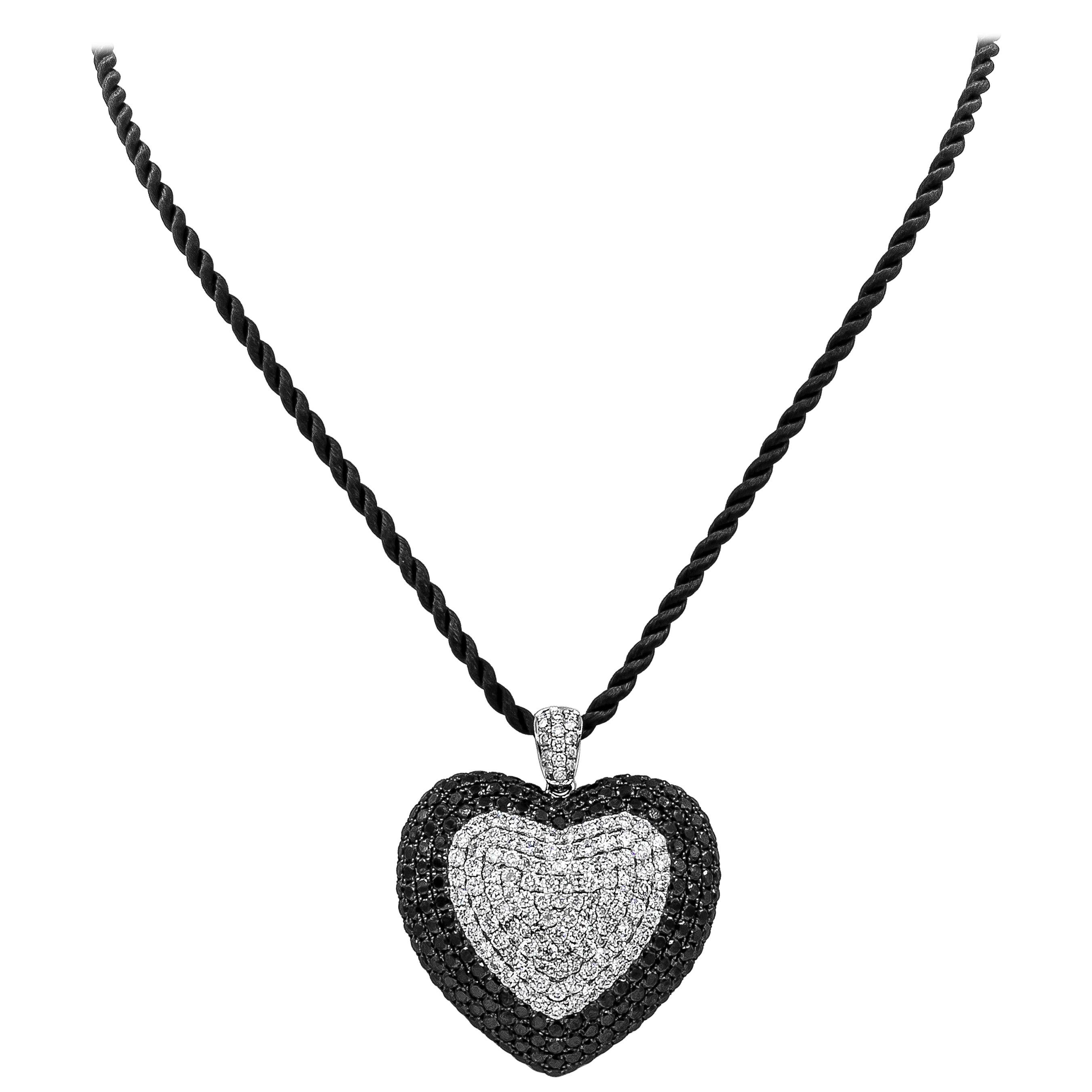 12.40 Carat Micro-Pave Black and White Diamond Heart Pendant Necklace For Sale