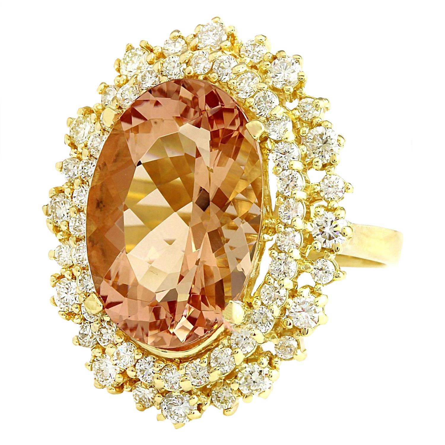 Introducing our stunning 12.40 Carat Natural Morganite 14K Solid Yellow Gold Diamond Ring. Meticulously crafted from luxurious 14K Yellow Gold.
At the center is a captivating oval-shaped morganite, weighing 11.00 carats and measuring 16.00x12.00 mm.