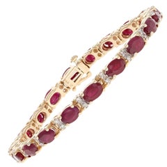 12.40 Carat Oval Cut Ruby and Diamond Bracelet, 14 Karat Yellow Gold Tennis