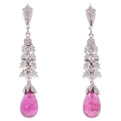 12.40 Carat Total Briolette Rubelite and Diamond Earrings in 18 Karat White Gold