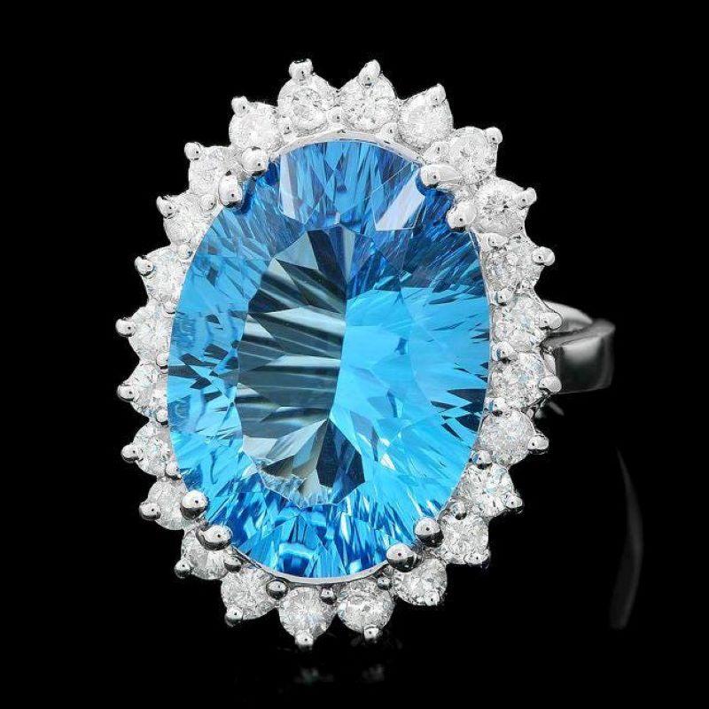 Mixed Cut 12.40 Carats Natural Blue Topaz and Diamond 14K Solid White Gold Ring For Sale