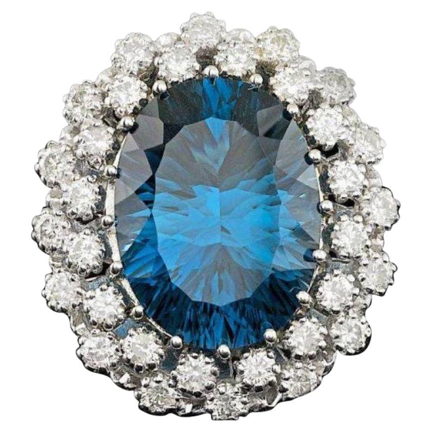 12.40 Carats Natural Blue Topaz and Diamond 14K Solid White Gold Ring