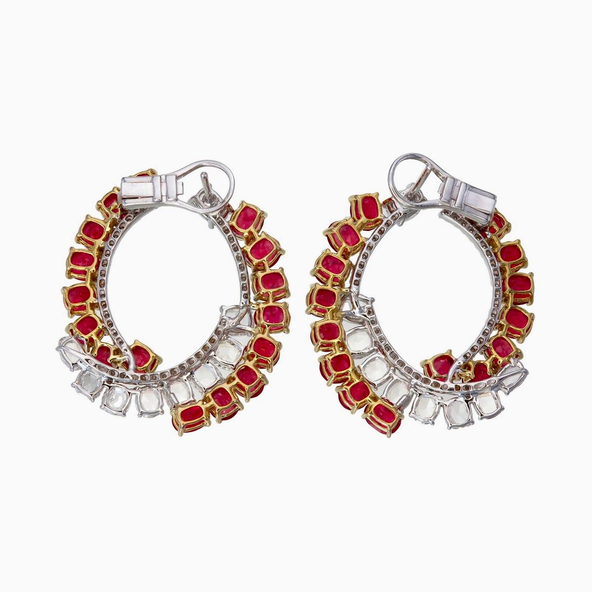 Round Cut 12.41 Carat Burma Ruby No Heat and Diamond Earrings in 18 Karat White Gold For Sale