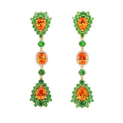 12.41 Carat Spessartine Demantoid with Diamond 18 Karat Gold Drop Earrings