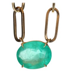 12,41 Karat 14K East to West Oval kolumbianischer Smaragd Halskette mit Papier-Clip Kette