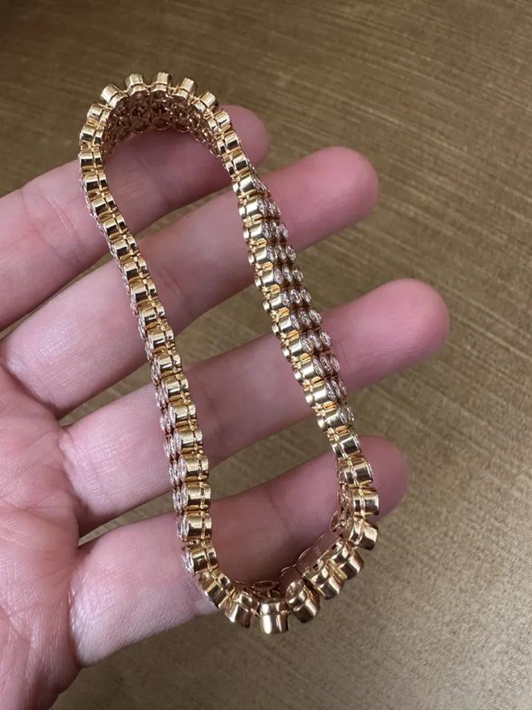 Women's 12.42 Carats Three Row Bezel Set Diamond Bracelet in 18k Yellow Gold For Sale