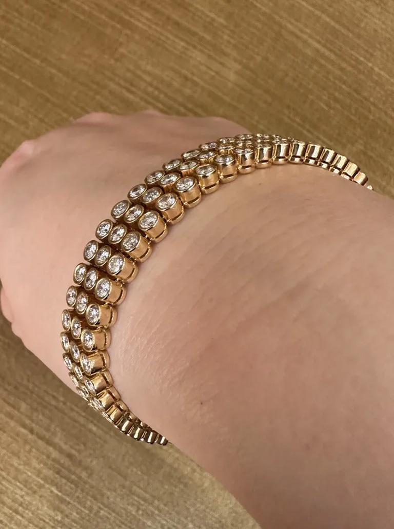 12.42 Carats Three Row Bezel Set Diamond Bracelet in 18k Yellow Gold For Sale 1