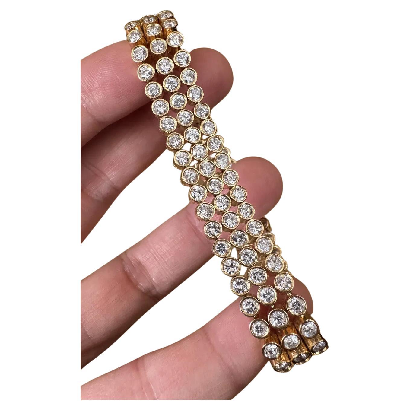 12.42 Carats Three Row Bezel Set Diamond Bracelet in 18k Yellow Gold For Sale