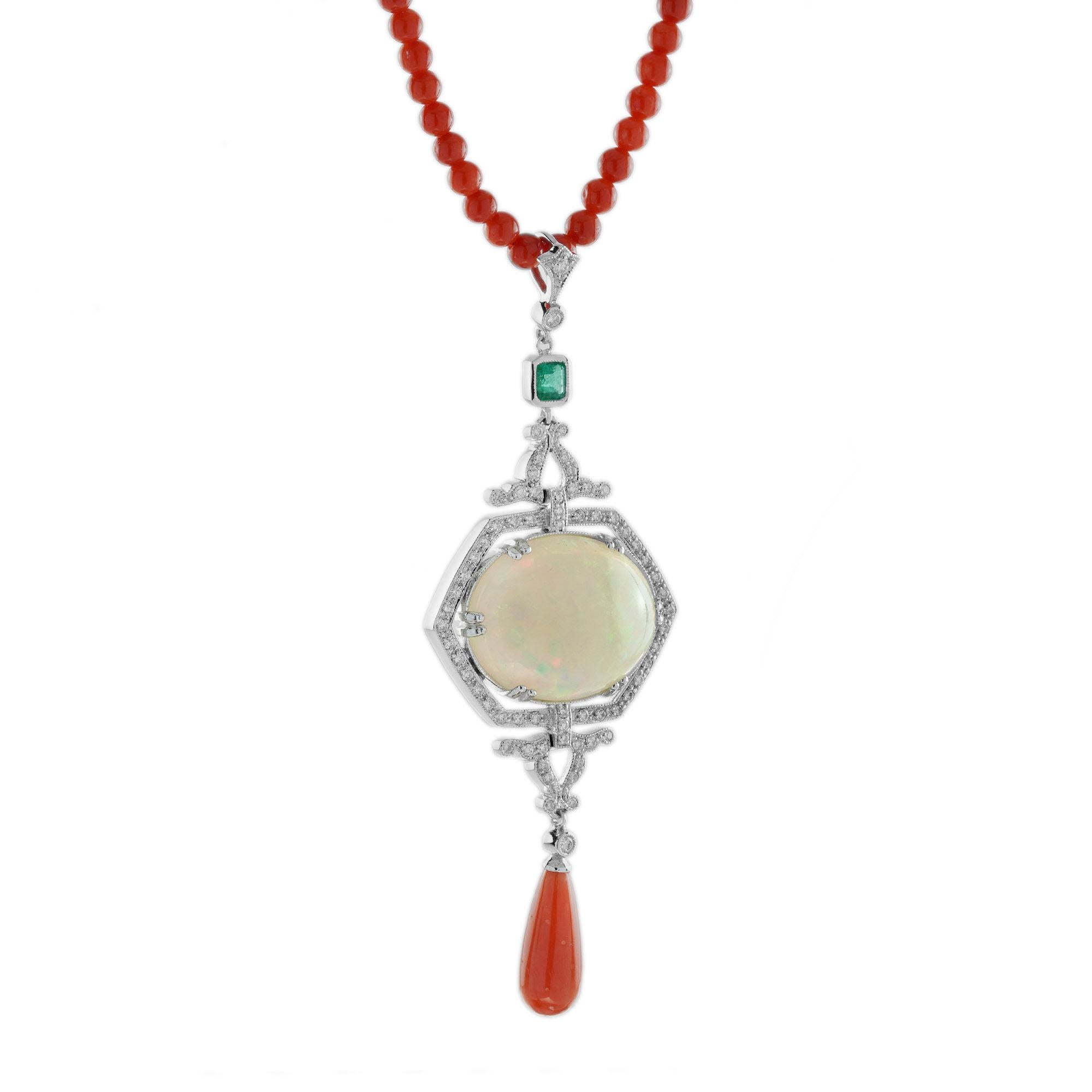 Art Deco 12.42 Ct. Ethiopian Opal Coral Emerald Diamond Deco Style Necklace in 14K Gold