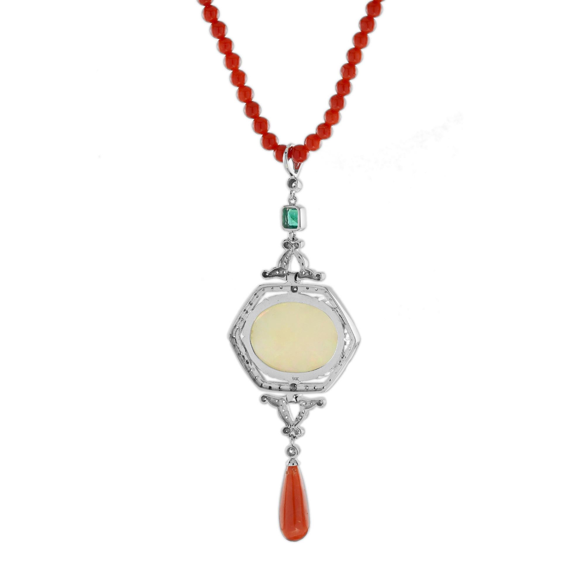 Oval Cut 12.42 Ct. Ethiopian Opal Coral Emerald Diamond Deco Style Necklace in 14K Gold