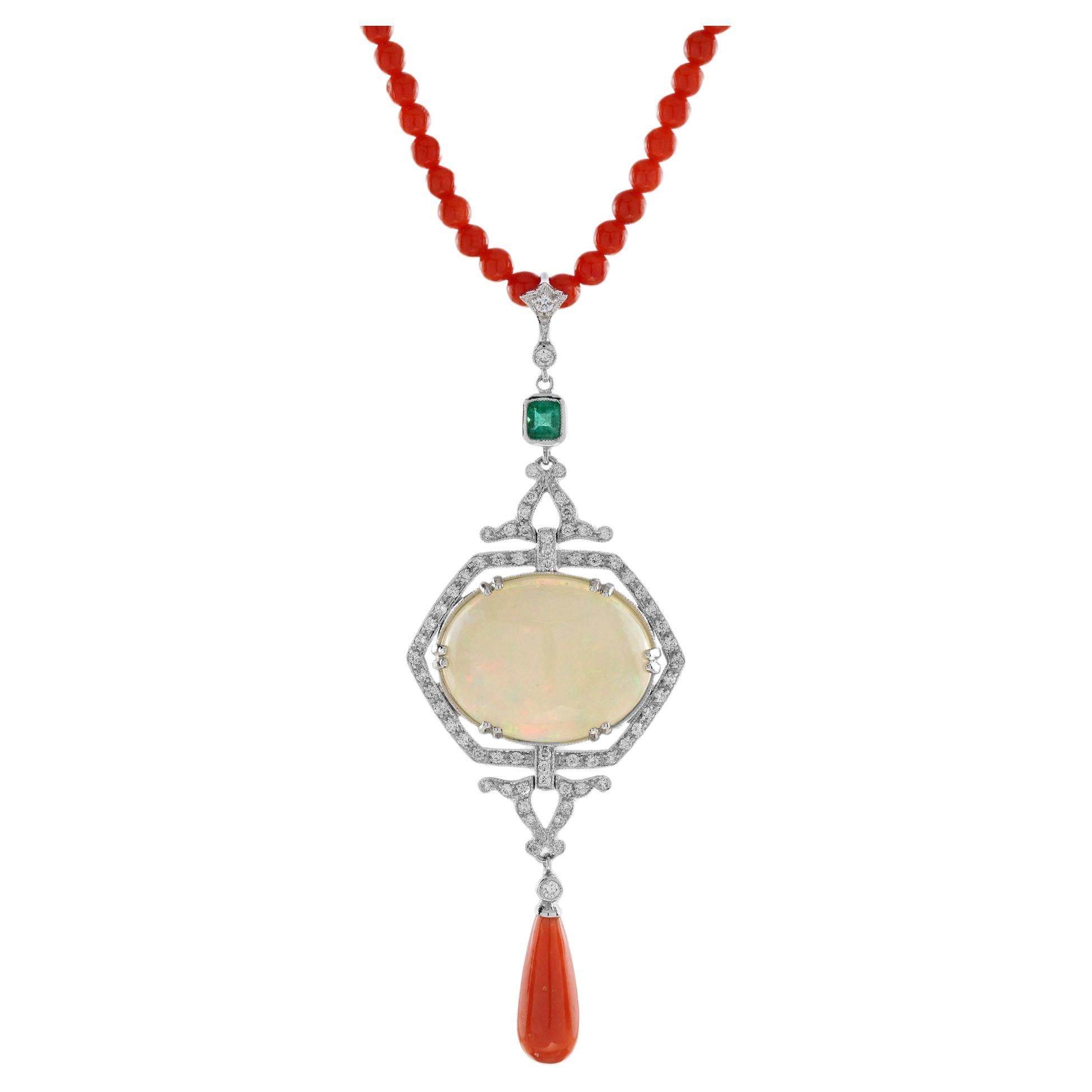 12.42 Ct. Ethiopian Opal Coral Emerald Diamond Deco Style Necklace in 14K Gold