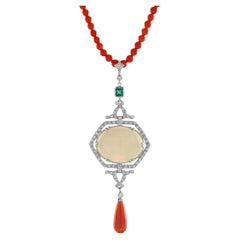 12.42 Ct. Ethiopian Opal Coral Emerald Diamond Deco Style Necklace in 14K Gold