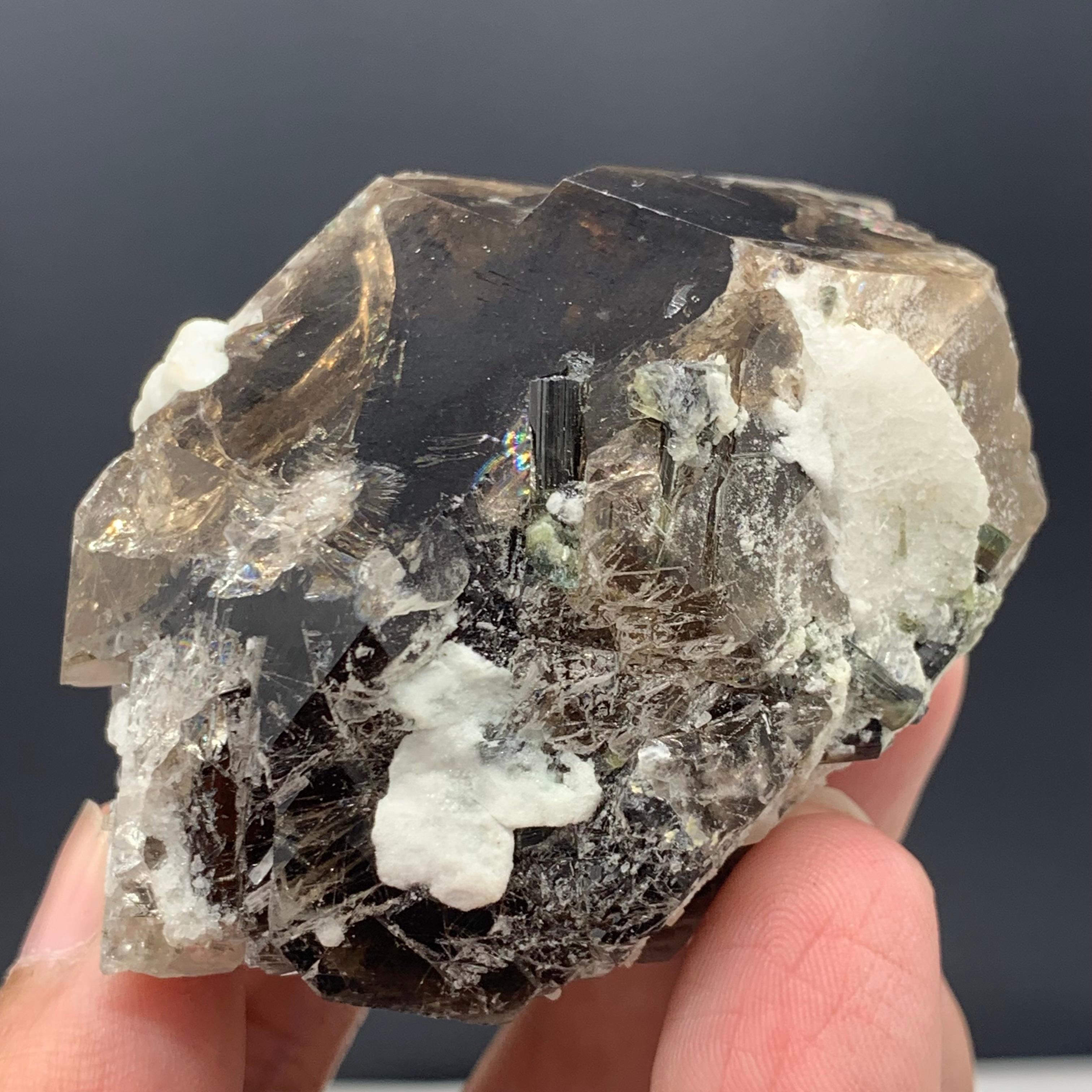 Rock Crystal 124.27 Gram Lovely Smoky Quartz With Tourmaline Crystals From Skardu, Pakistan  For Sale