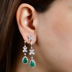 12.43TCW Pear Zambian Emerald Diamond Ear Jacket Earrings 14k White Gold Jewelry