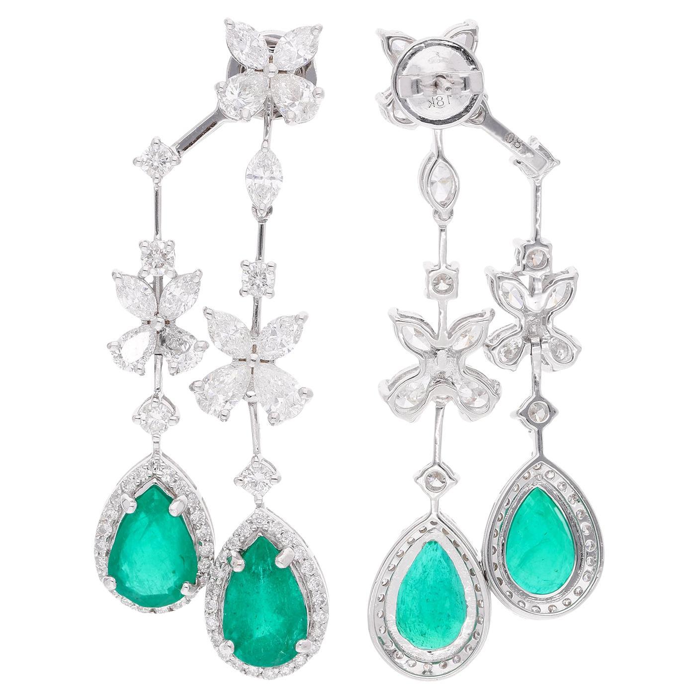 12,43TCW Birne Sambia Smaragd Diamant Ohr Jacke Ohrringe 18k Weißgold Schmuck (Art déco) im Angebot