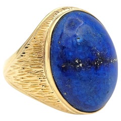 12.45 Carat Oval Cabochon Cut Blue Lapis Cocktail Ring in Textured Yellow Gold