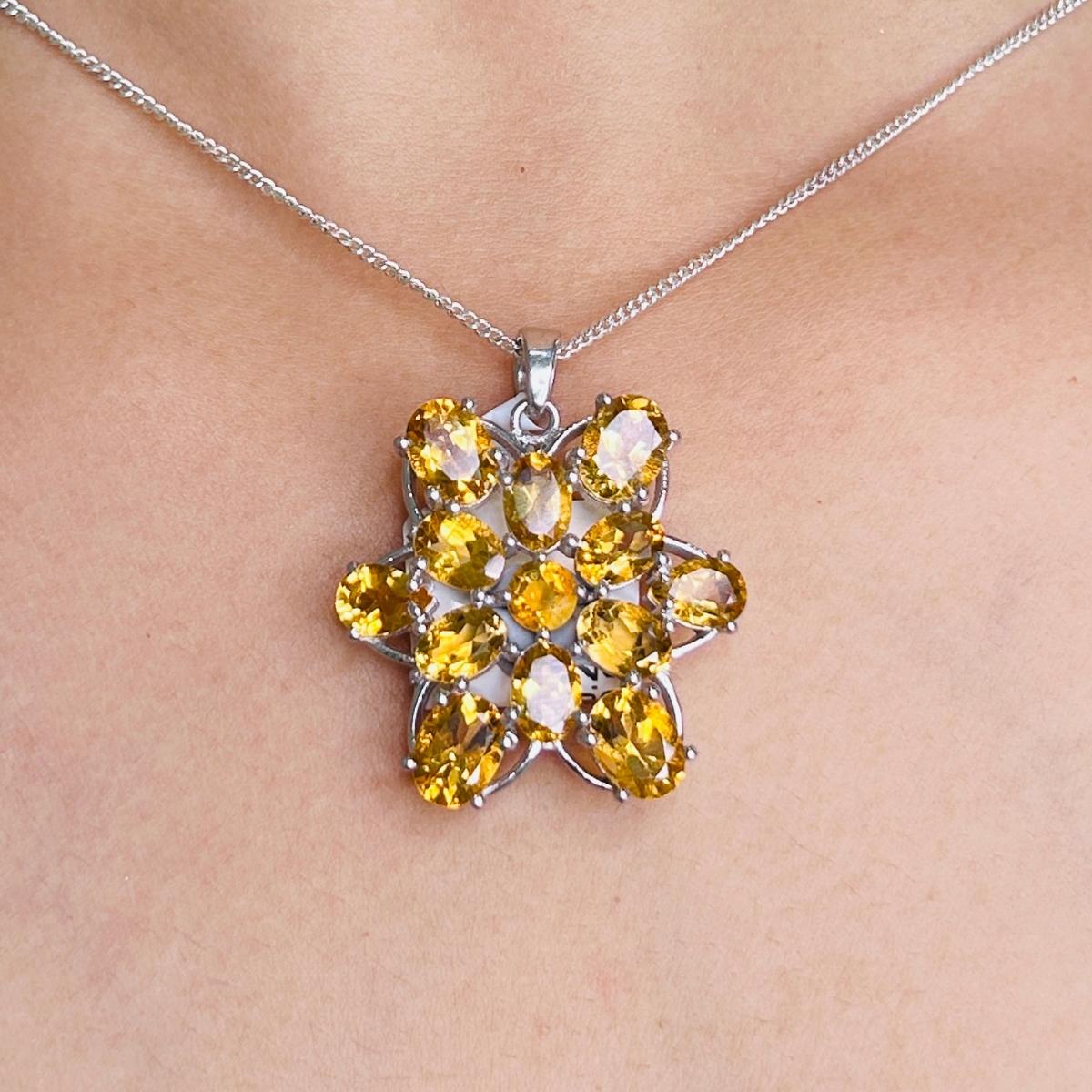 Citrine Birthstone Star Style Pendant Necklace for Women in sterling silver studded with round cut citrine. This stunning piece of jewelry instantly elevates a casual look or dressy outfit.
Citrine enhances the intellectual capacity of the