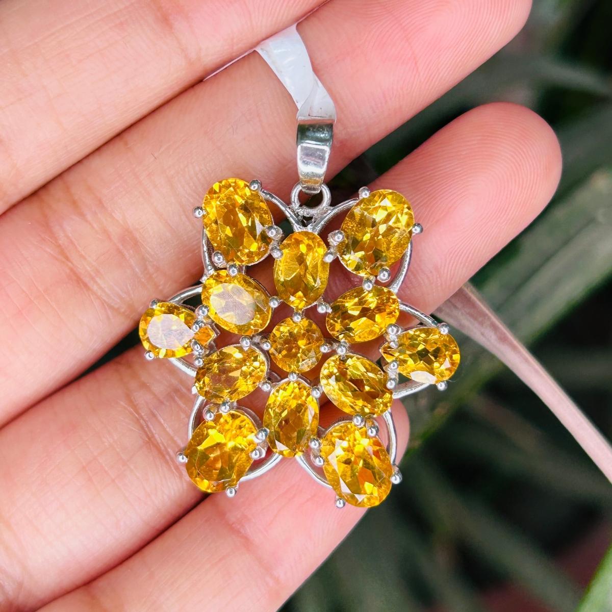 Mixed Cut 12.45 CTW Citrine Birthstone Star Style Pendant for Women Set in 925 Silver For Sale