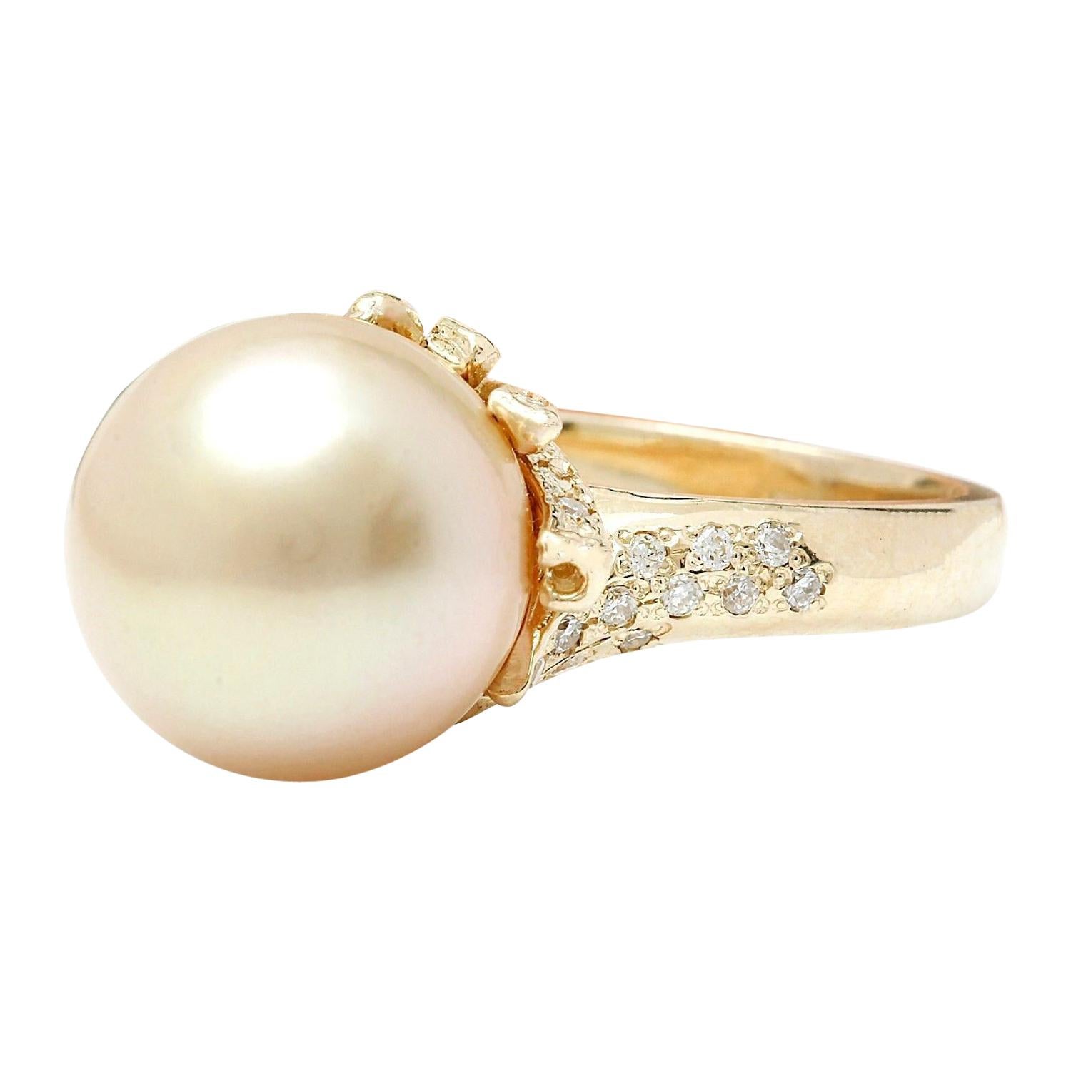 12.45 mm White South Sea Pearl 14K Solid Yellow Gold Diamond Ring
 Item Type: Ring
 Item Style: Cocktail
 Material: 14K Yellow Gold
 Mainstone: South Sea Pearl
 Stone Color: White
 Stone Shape: Round
 Stone Quantity: 1
 Stone Dimensions: 12.45x12.45