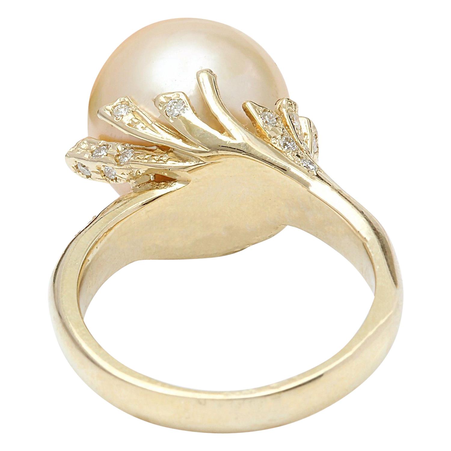 Round Cut White South Sea Pearl 14 Karat Solid Yellow Gold Diamond Ring For Sale