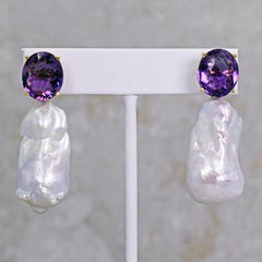 12.46 Carat Amethyst and Baroque Freshwater Pearl 14k Gold Drop Stud Earrings