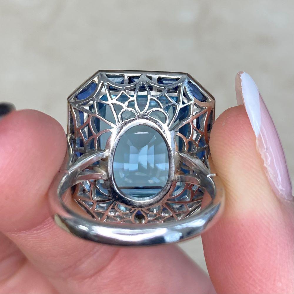 12.46 Carat Emerald-Cut Aquamarine Ring, Sapphire Halo, Platinum 1