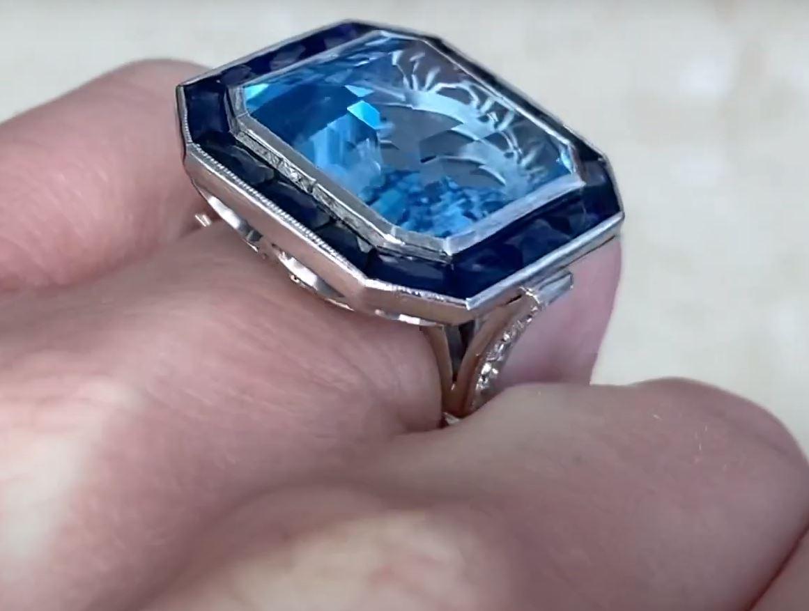 Art Deco 12.46 Carat Emerald-Cut Aquamarine Ring, Sapphire Halo, Platinum