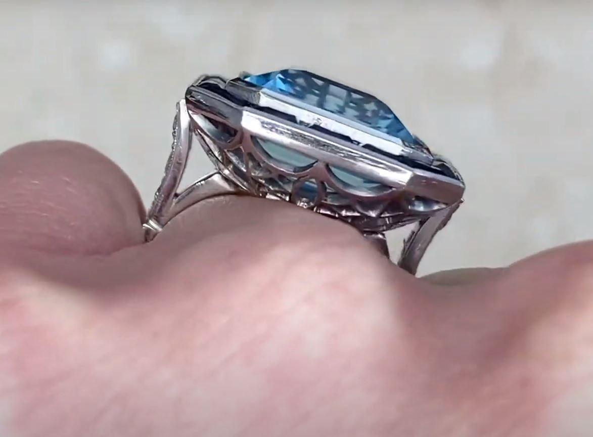 Emerald Cut 12.46 Carat Emerald-Cut Aquamarine Ring, Sapphire Halo, Platinum