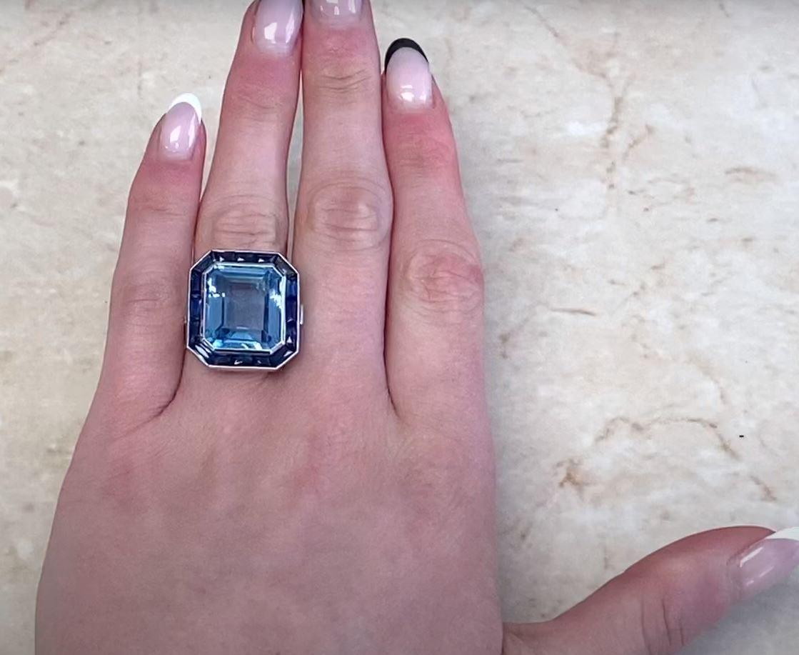 12.46 Carat Emerald-Cut Aquamarine Ring, Sapphire Halo, Platinum In Excellent Condition In New York, NY