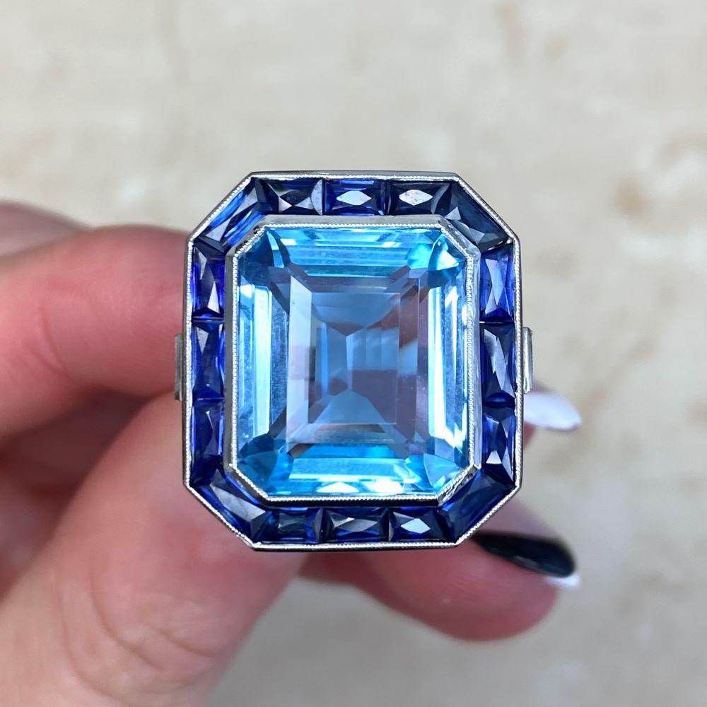 Women's 12.46 Carat Emerald-Cut Aquamarine Ring, Sapphire Halo, Platinum