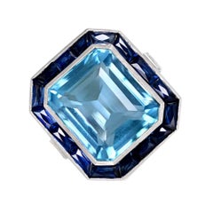 12.46 Carat Emerald-Cut Aquamarine Ring, Sapphire Halo, Platinum