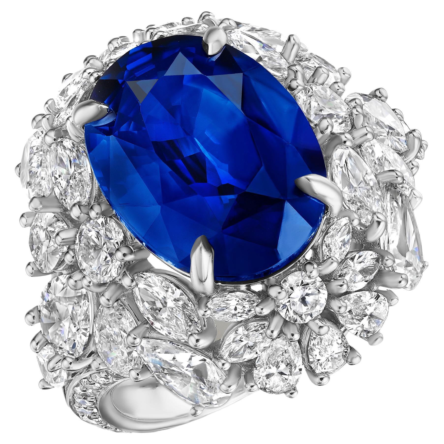 12,46 Karat GRS-zertifizierter ovaler Saphir & Diamantring aus Platin im Angebot