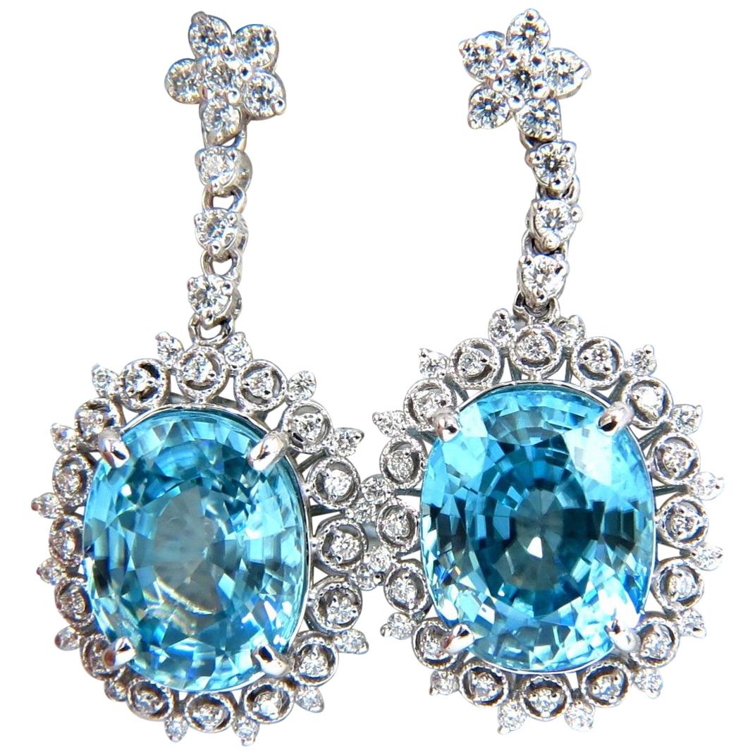 12.46ct Natural Bright vivid indigo blue zircon diamond earrings 14kt edwardian*