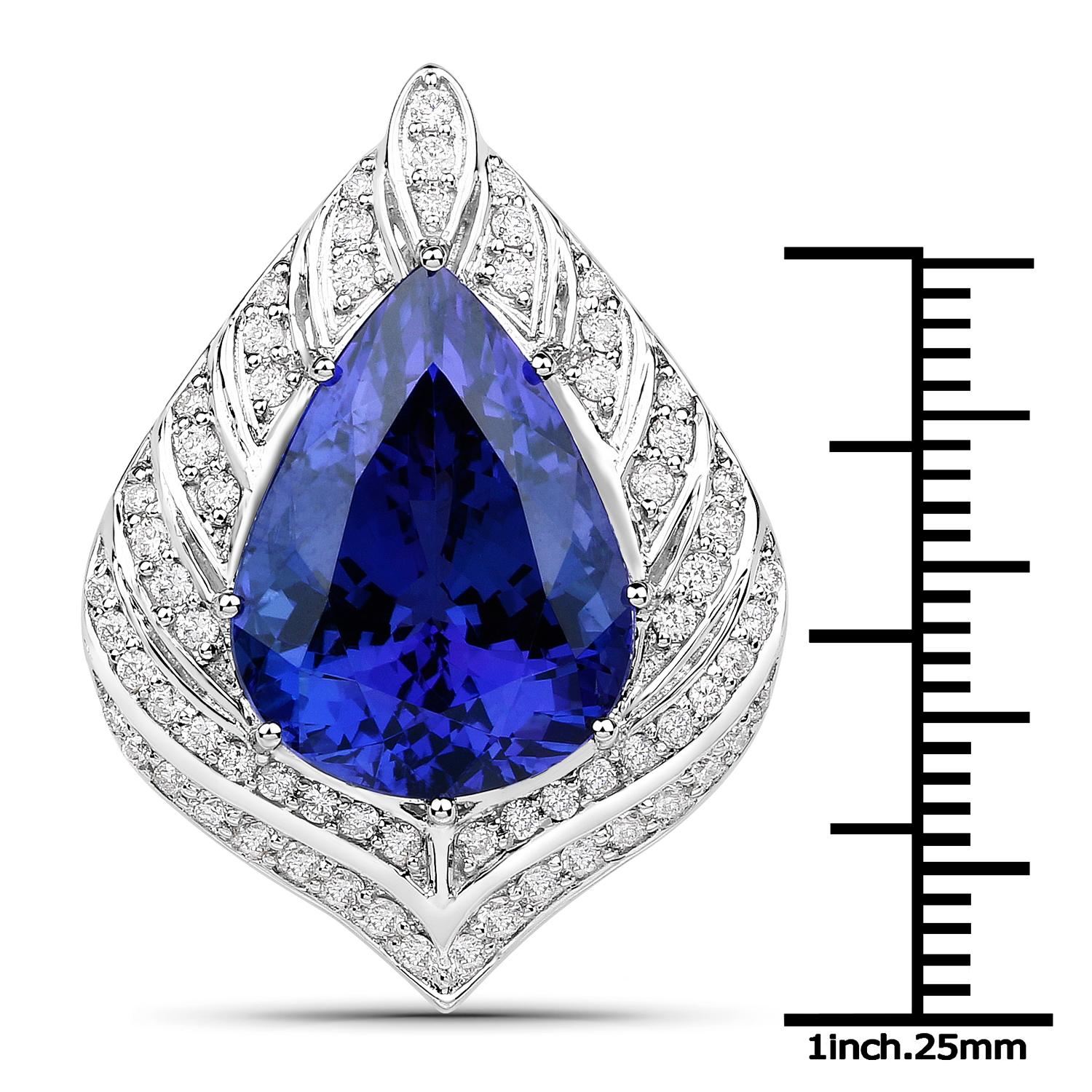 12.47 Carat Pear-shaped Tanzanite and 0.78 Carats White Diamond 18 Karat White Gold Pendant

Center Stone Details:
Stone: Tanzanite
Shape: Pears
Size: 17.00 x 12.80mm
Weight: 12.47 carat

Diamond Details:
Shape: Round Brilliant (74)
Total Carat