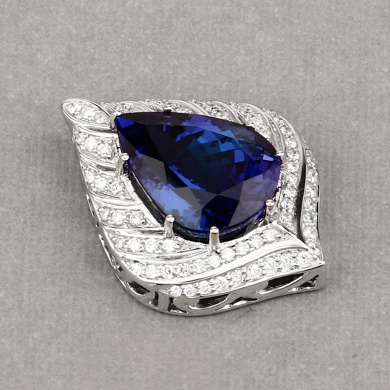 Pear Cut 12.47 Carat Genuine Tanzanite and White Diamond 18 Karat White Gold Pendant For Sale