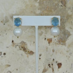 12.48 Carat Aquamarine and Freshwater Pearl Drop 14 Karat Gold Stud Earrings