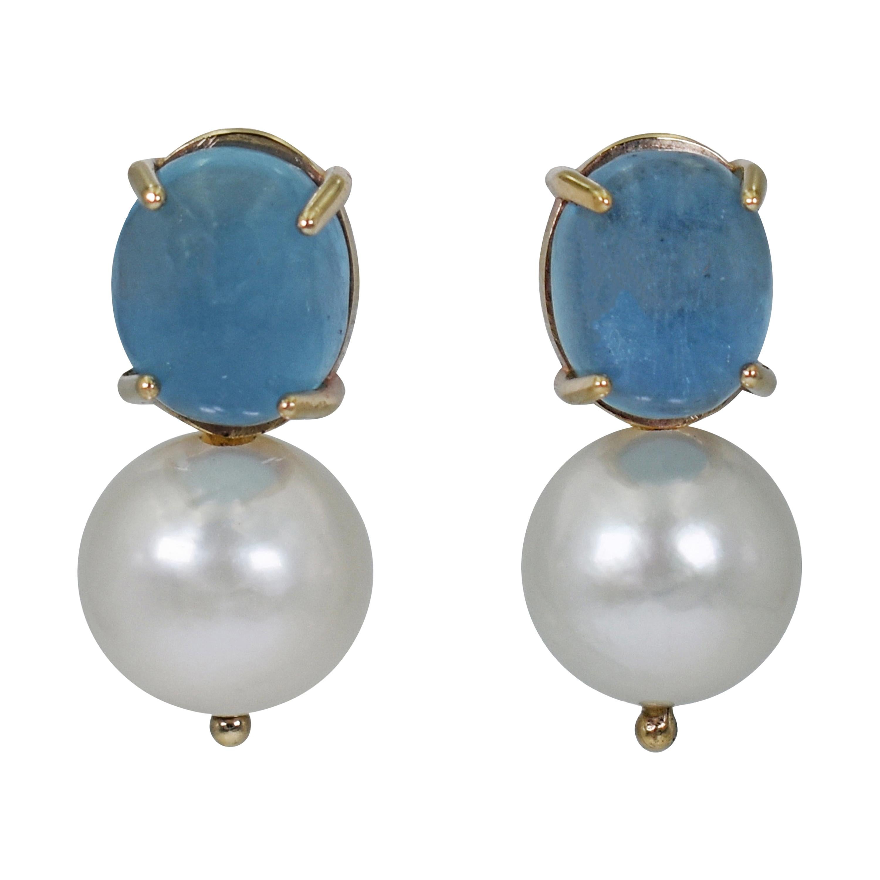 12.48 Carat Aquamarine and Freshwater Pearl Drop 14 Karat Gold Stud Earrings