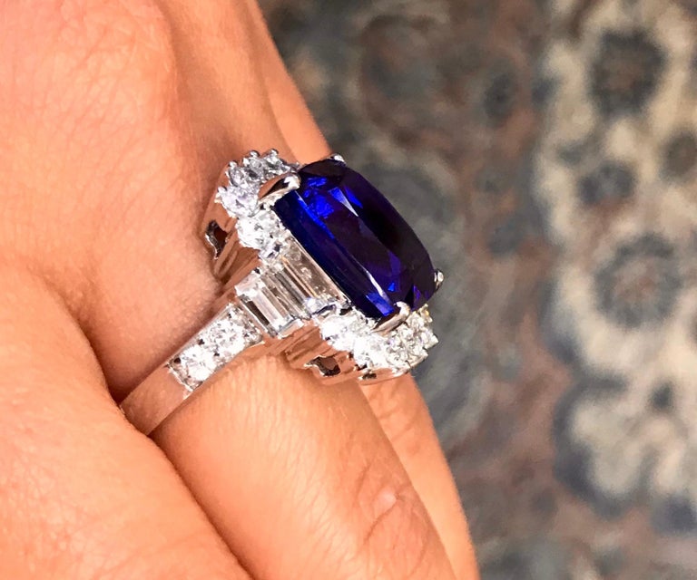 12.48 Carat Cushion Cut Tanzanite and White Baguette Diamond Ring 18K White Gold For Sale 3