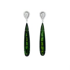 Pendants d'oreilles en or blanc 14 carats avec tourmaline verte et diamants de 12,48 carats