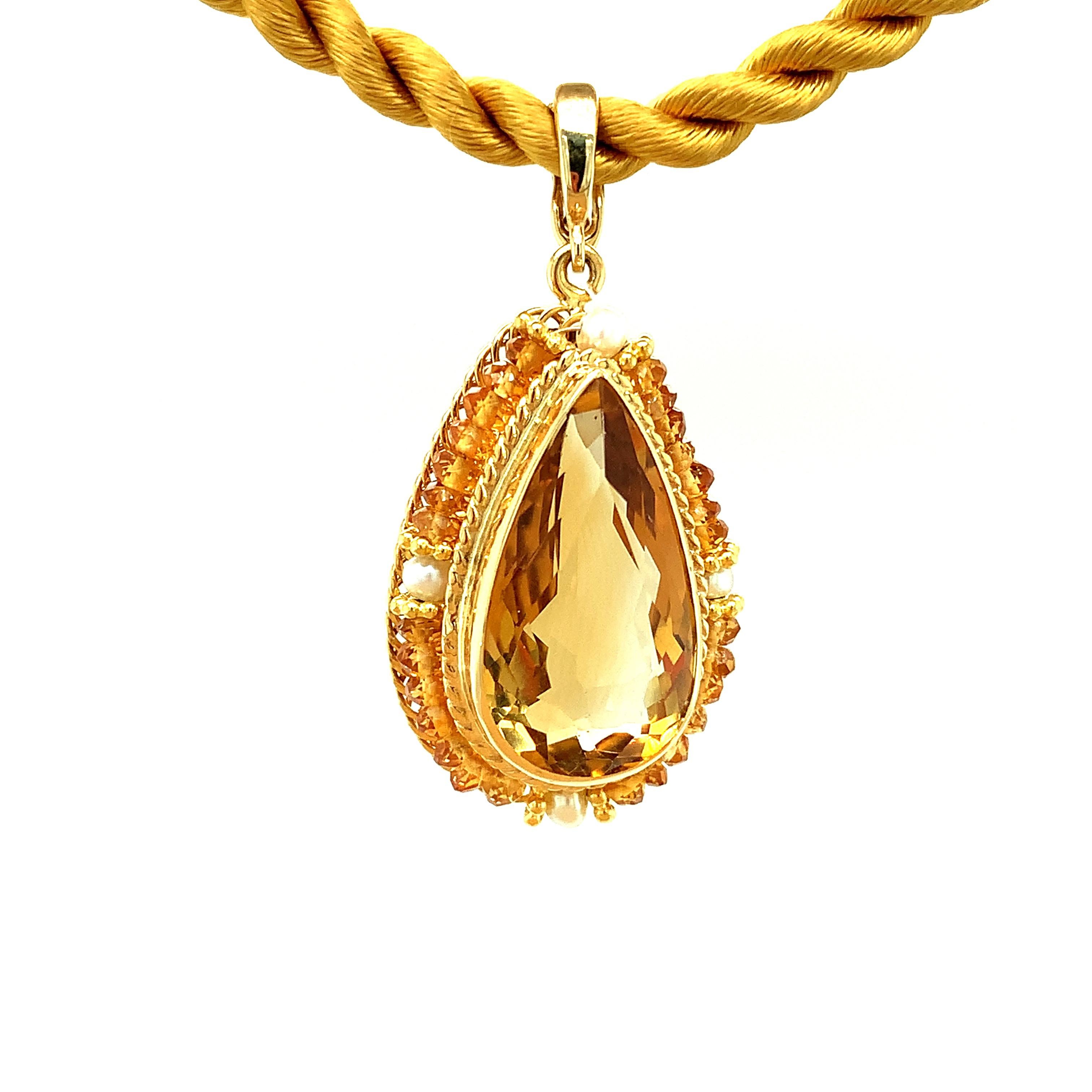 Artisan 12.48 Carat Citrine Pear, Citrine Beads, Seed Pearl, Gold Filigree Drop Pendant