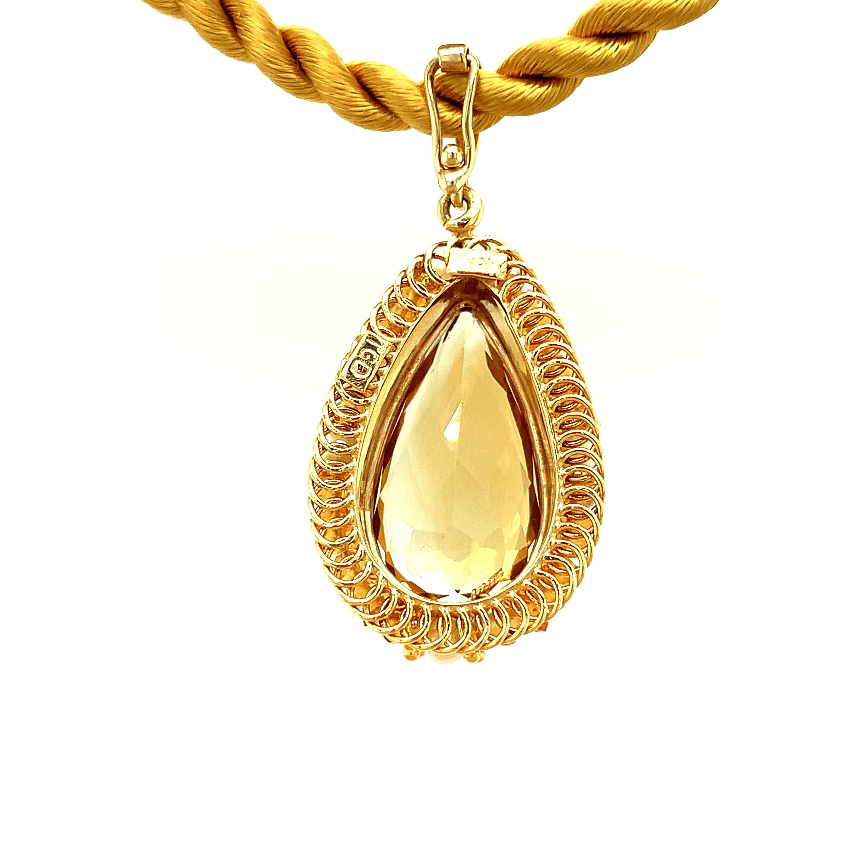 12.48 Carat Citrine Pear, Citrine Beads, Seed Pearl, Gold Filigree Drop Pendant In New Condition In Los Angeles, CA