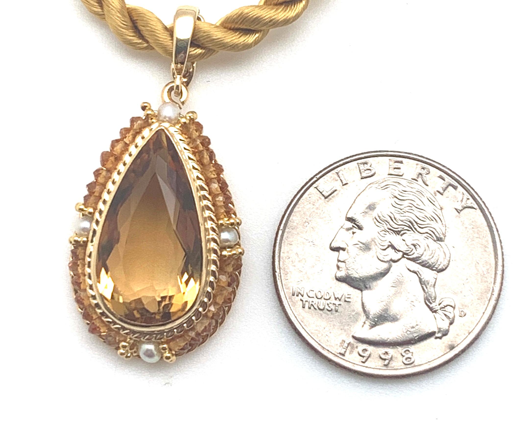 12.48 Carat Citrine Pear, Citrine Beads, Seed Pearl, Gold Filigree Drop Pendant 2