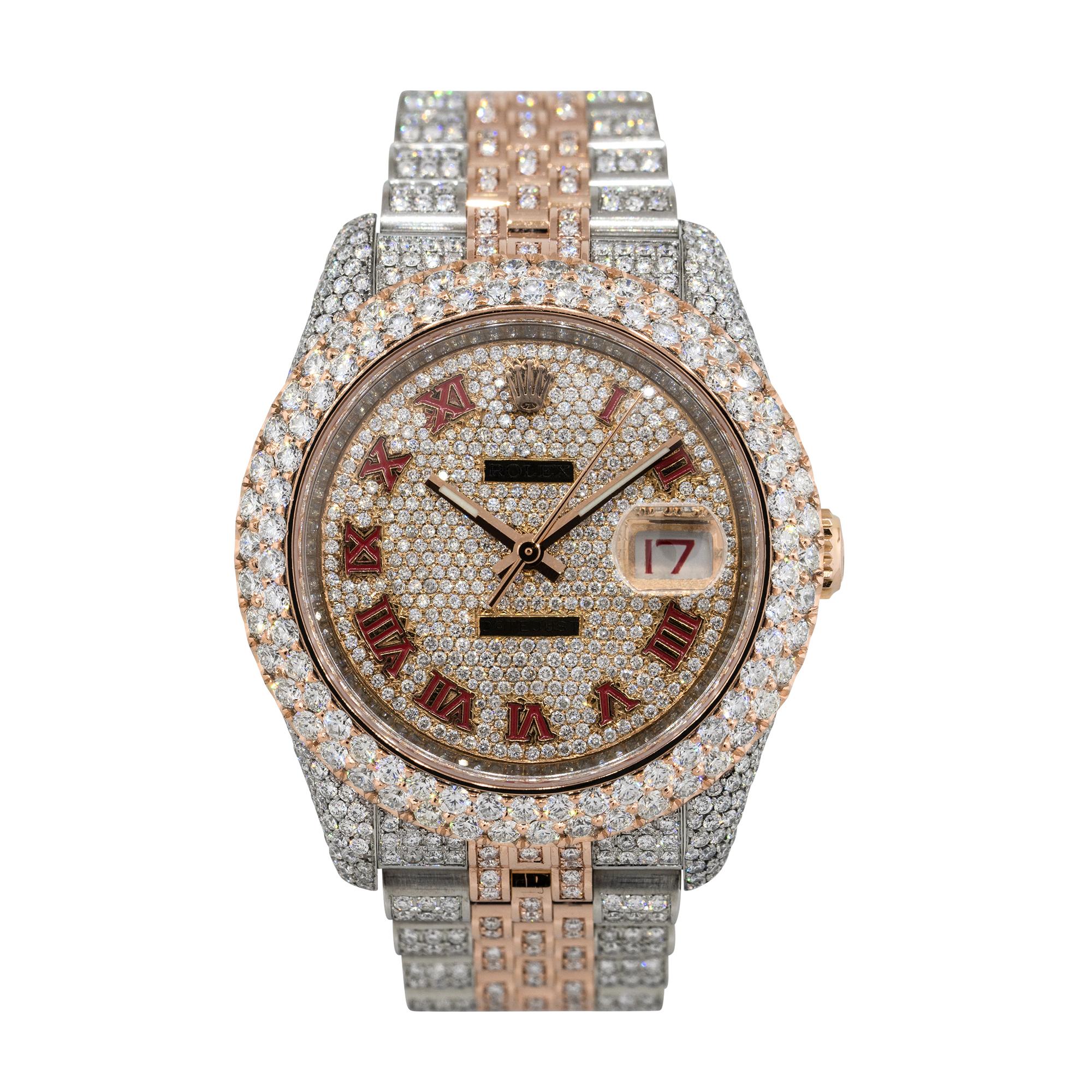 Brand: Rolex
MPN: 116201
Model: Datejust
Case Material: Stainless Steel with aftermarket Diamonds
Case Diameter: 36mm
Crystal: Sapphire Crystal
Bezel: 18k Rose gold bezel with double row of aftermarket Diamonds
Dial: Aftermarket Diamond pave dial