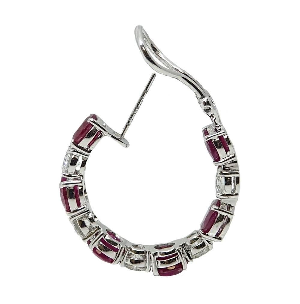 12.49 Carat Ruby and Diamond Hoop White Gold Earrings In New Condition For Sale In Naples, FL